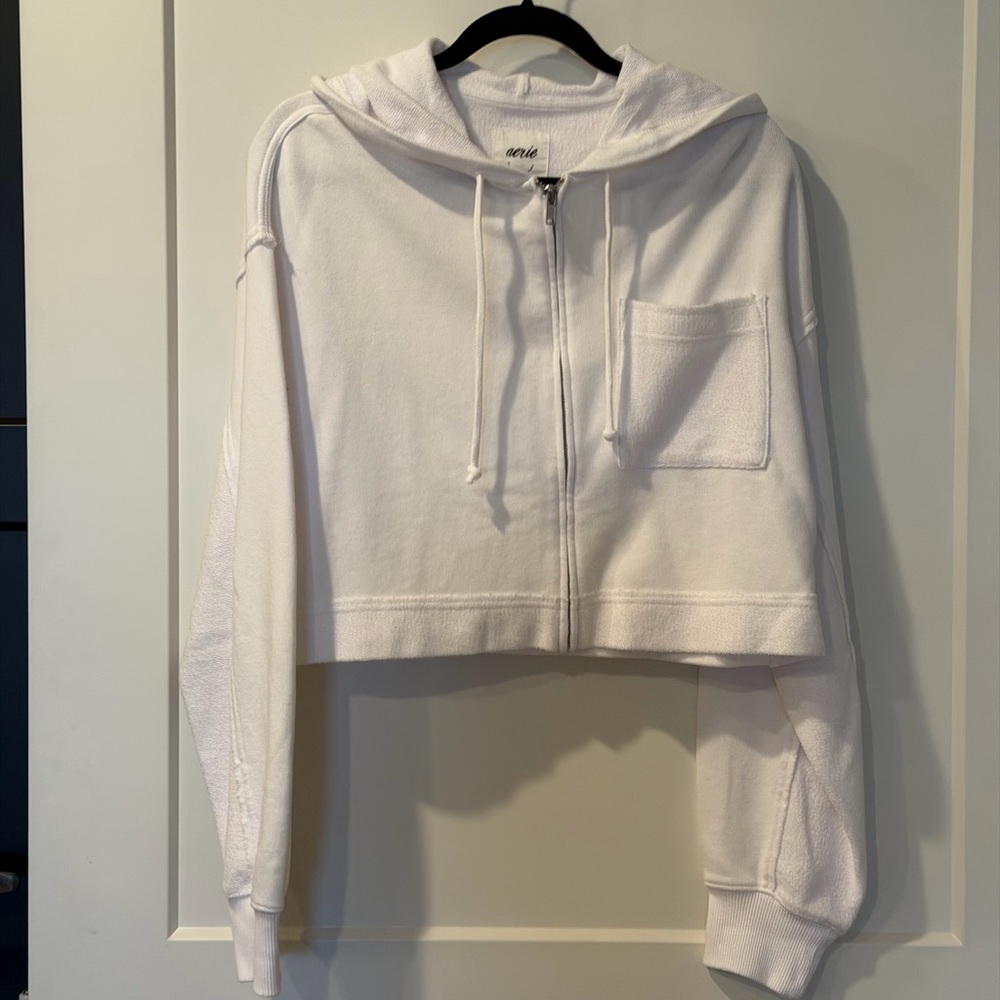 Aerie White Cropped Zip-Up Hoodie